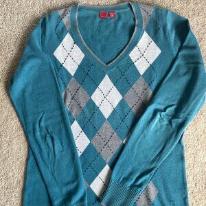 Esprit Argyle Women’s V-neck Sweater Size Small 100 Cotton